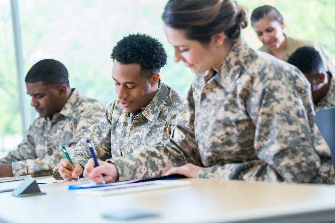 Cadets taking exam at military academy